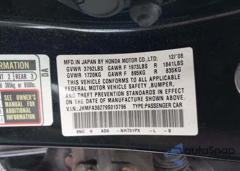 2009 Honda Civic Hybrid from USA, damaged, VIN JHMFA36279S013796
